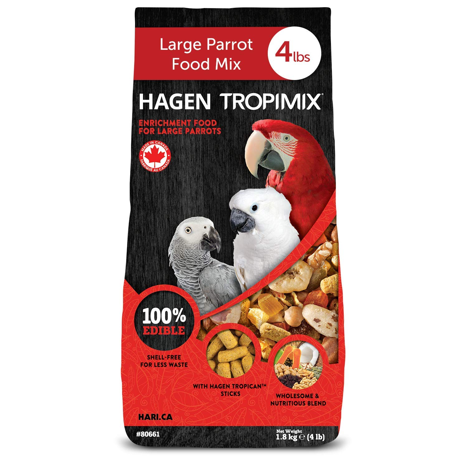 El envase Hari Tropimix para loros grandes ofrece comida completa.