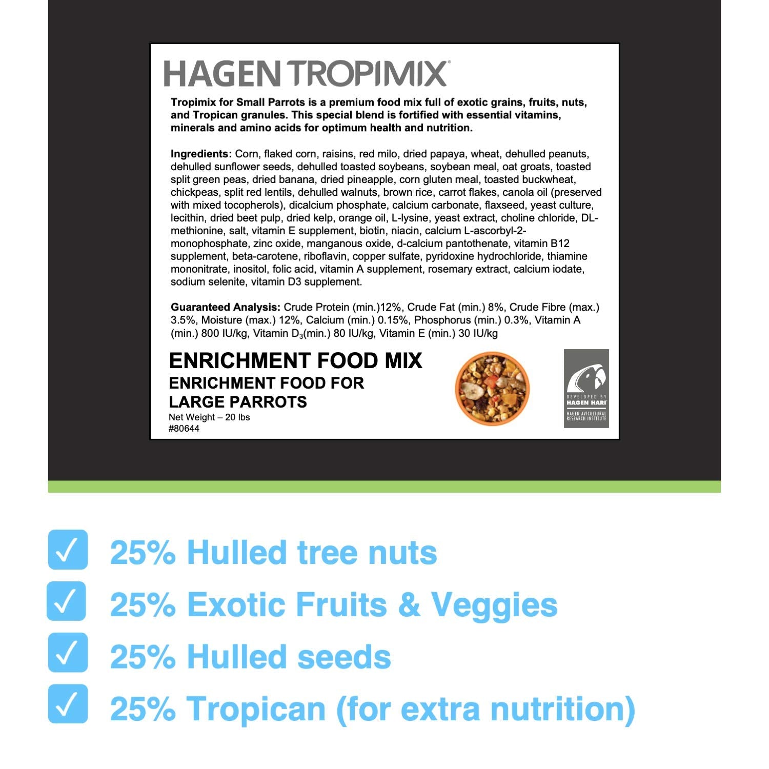 Hari Hagen Tropimix: nueces y verduras, fuente de energía y nutrición para aves activas.