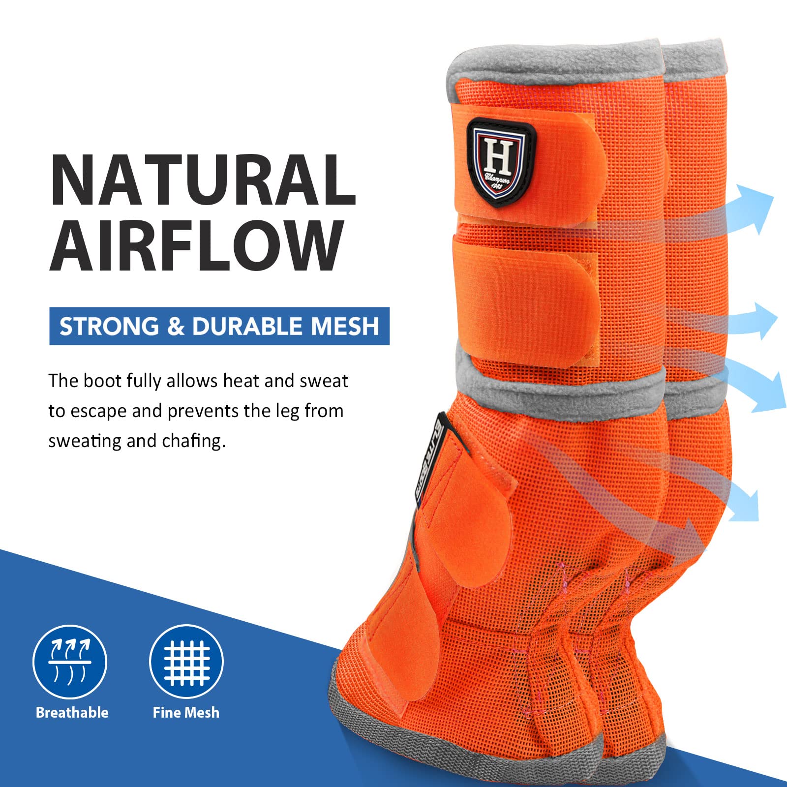 Guardas de patas Harrison Howard de malla densa en naranja, ventilación para días cálidos.