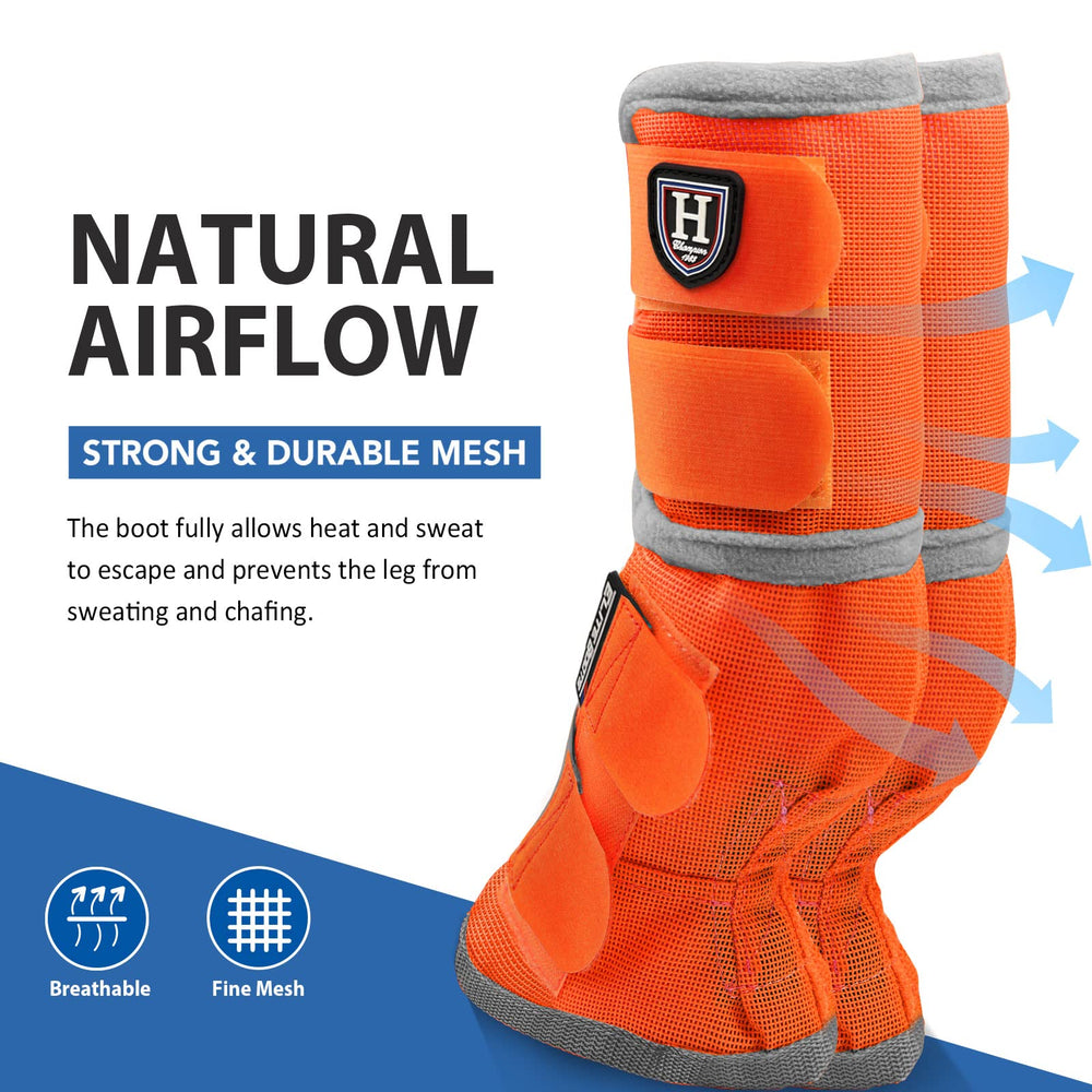 Guardas de patas Harrison Howard de malla densa en naranja, ventilación para días cálidos.