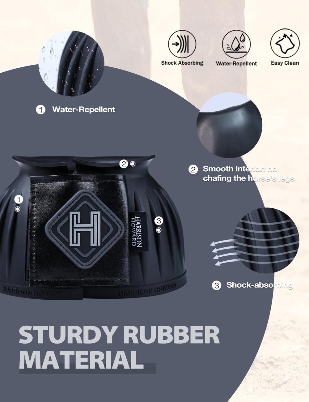 Cobertura 360° de Harrison Howard para coronilla y talones durante la monta.