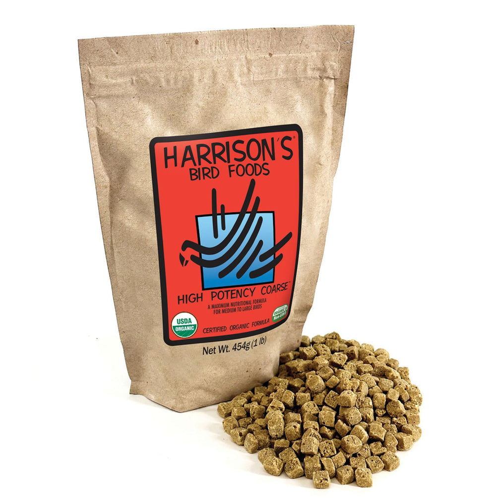 Harrison's Bird Foods envase alta potencia para aves medianas y grandes, nutrición completa