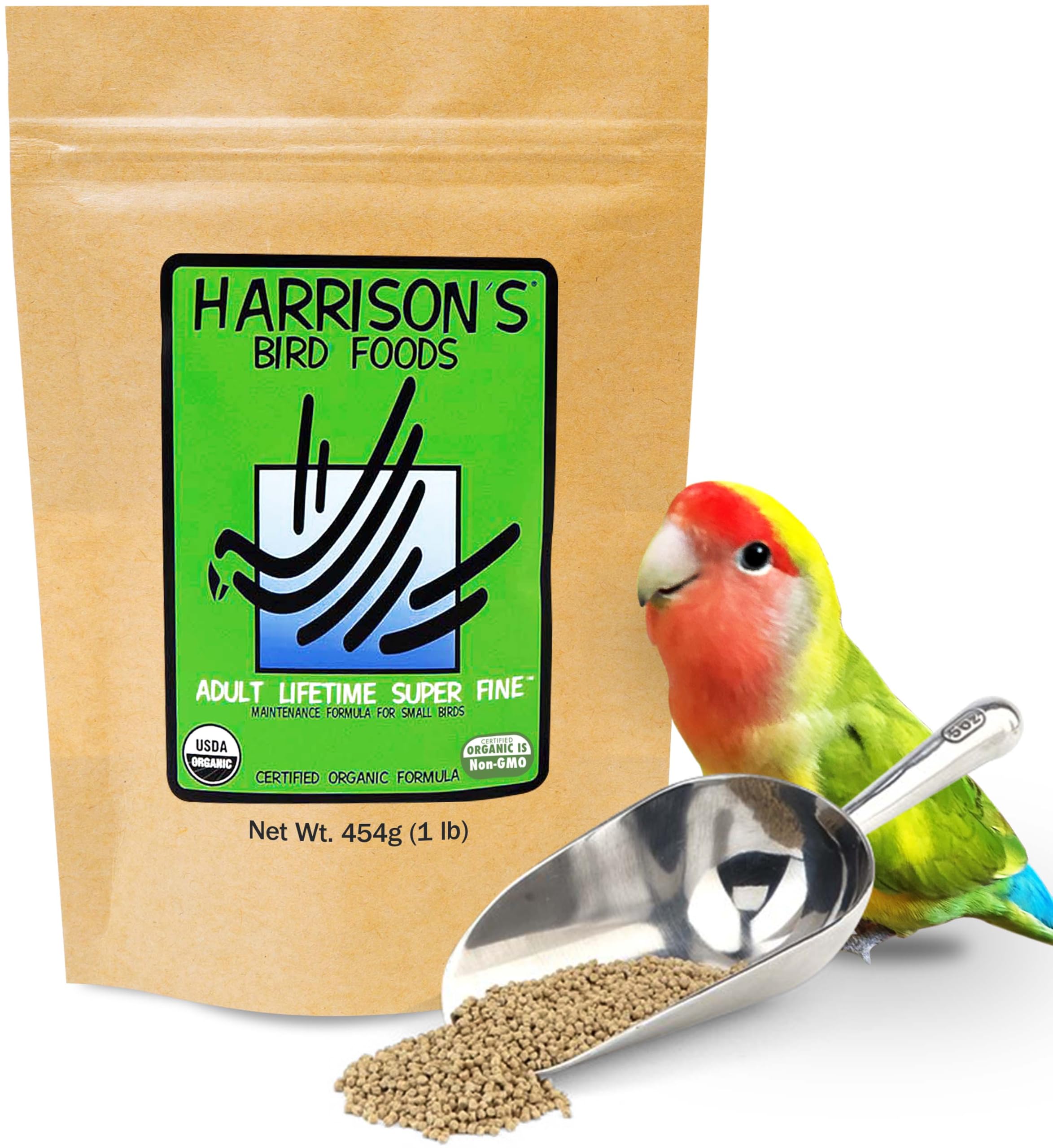 Harrison's Bird Foods, ave en jaula consumiendo alimento.