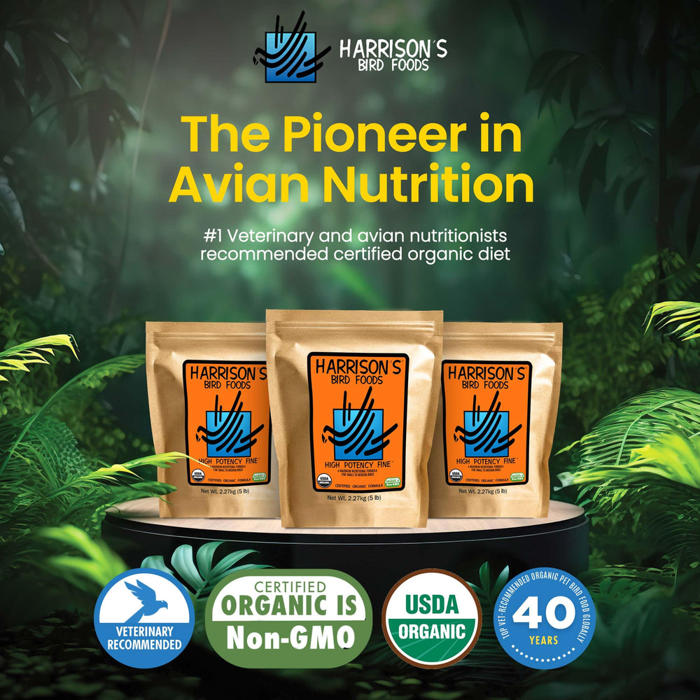 Harrison's Bird Foods: aves comiendo, alimento sabroso y saludable.