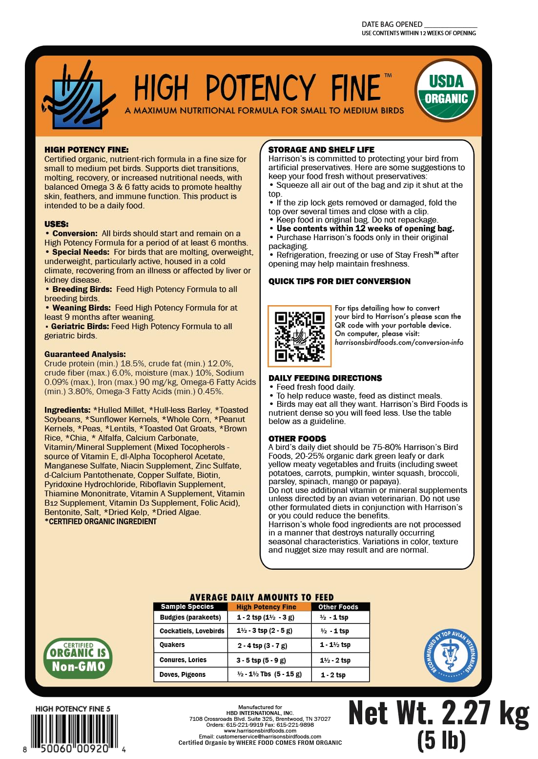 Harrison's Bird Foods: granos orgánicos para nutrición completa de aves.