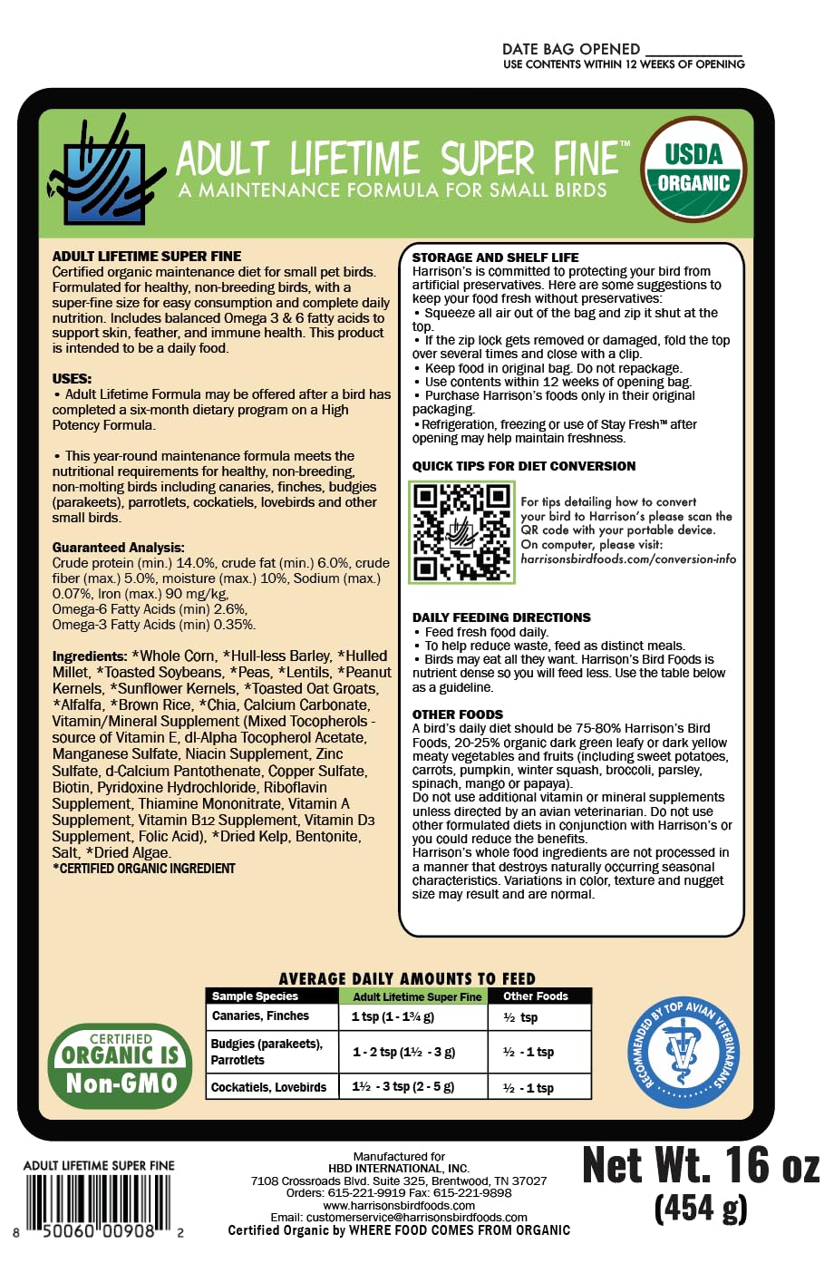 Harrison's Bird Foods, ingredientes organicos seleccionados para dieta equilibrada de aves pequeñas.