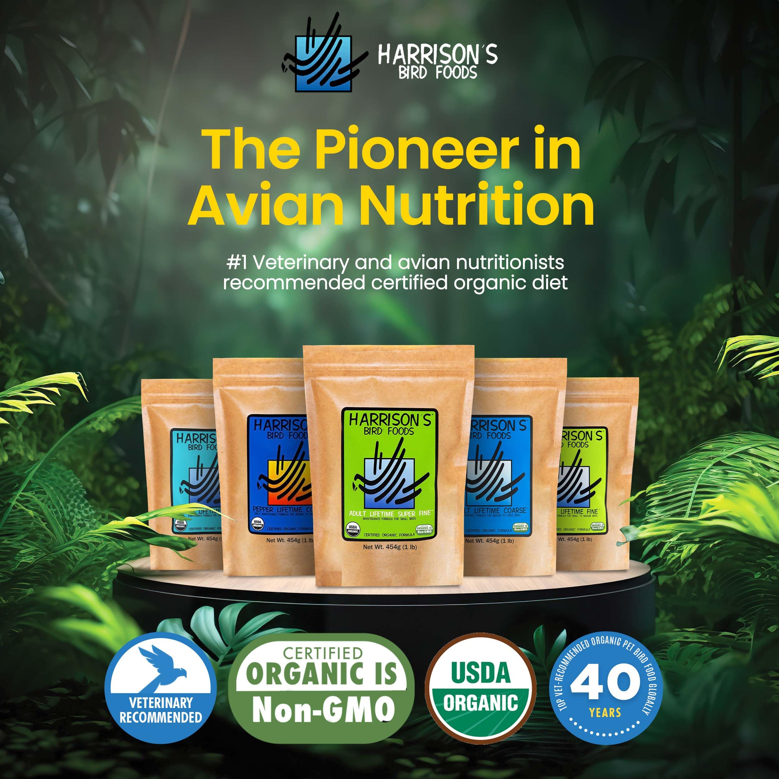 Harrison's Bird Foods, omega-3 y omega-6 balanceados para plumaje vibrante.