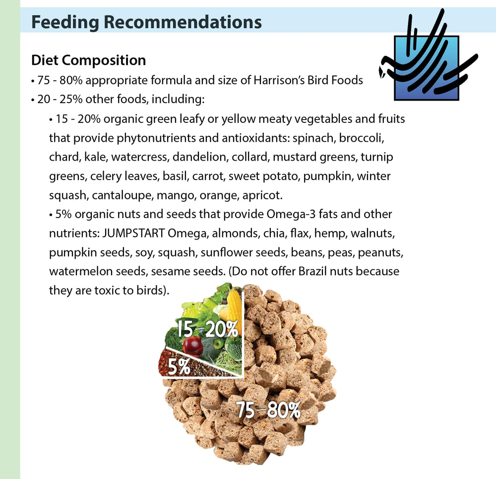 Harrison's Bird Foods - sin conservantes artificiales, opción limpia para el cuidado diario de aves.
