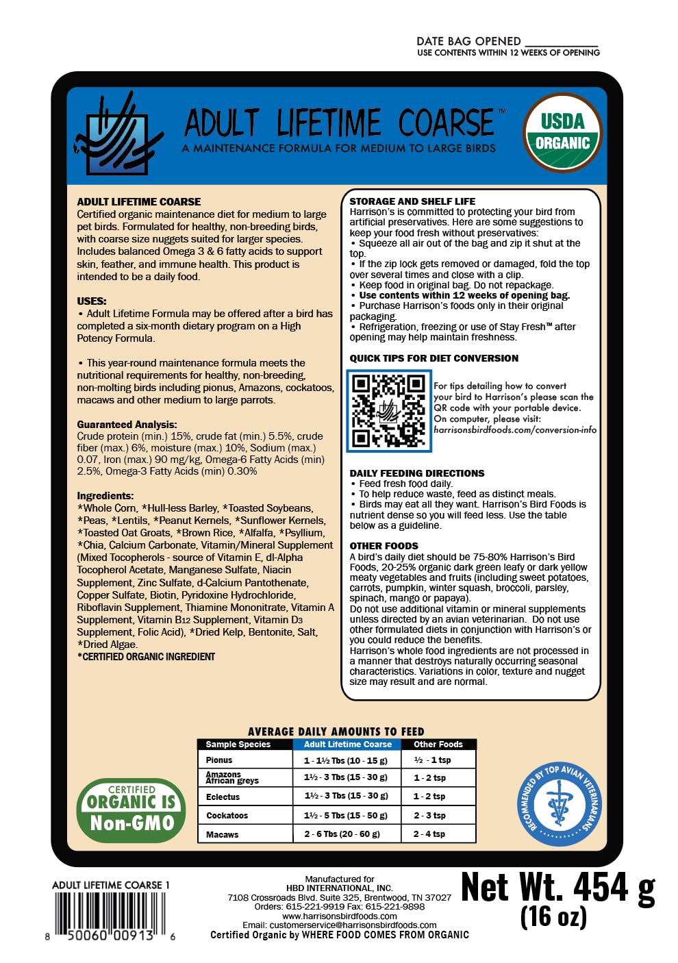Harrison's Bird Foods - textura gruesa para aves medianas y grandes, favorece la masticación natural.