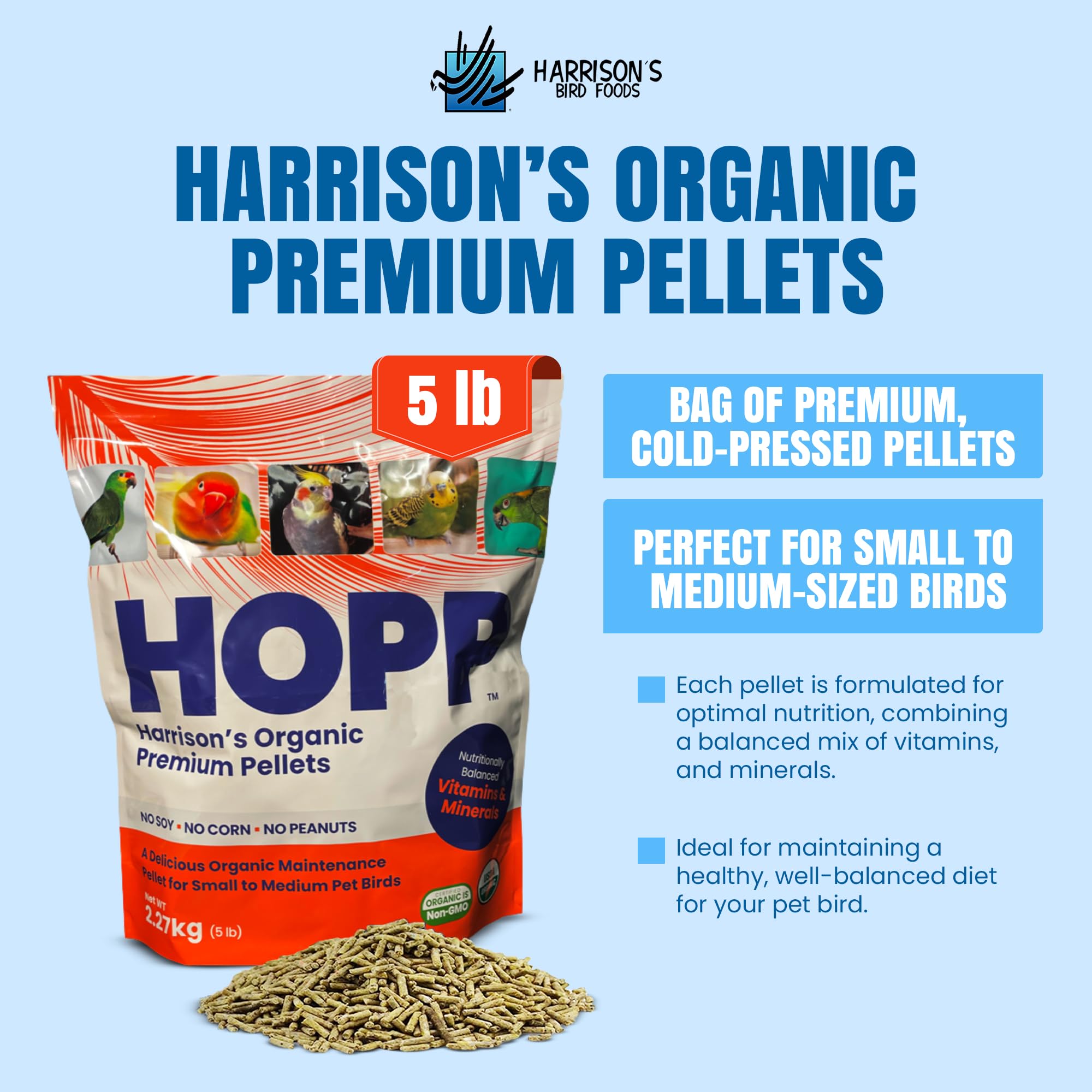 Harrison's HOPP pellets prensados en frío para aves.