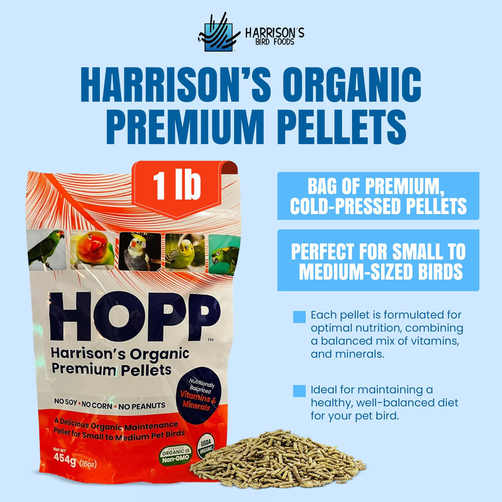 Bolsa de Harrison's Organic Premium Pellets de 1 lb, nutrición orgánica certificada.