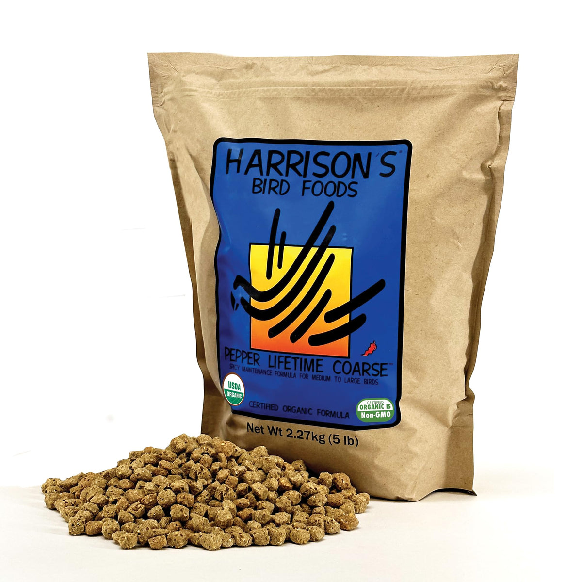 Harrison's Pepper Lifetime Coarse en bolsa de 5 lb, nutrición orgánica para aves medianas y grandes.