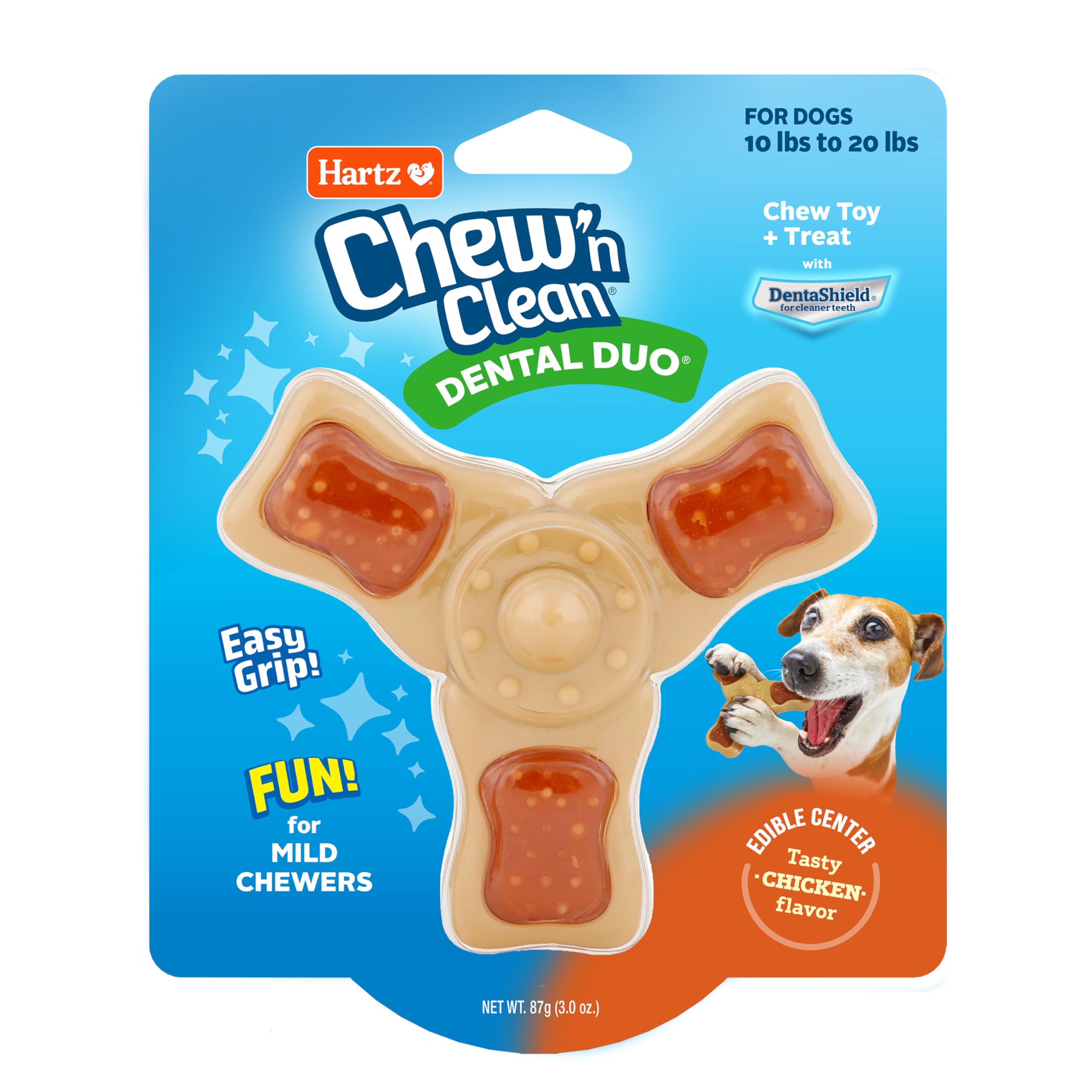 Hartz Chew n Clean Tri Point: primer plano del juguete peludo con sabor a pollo.