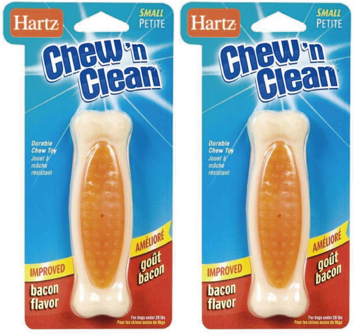 Hartz Chew'n Clean Tuff Bone sabor bacon para perros pequeños, entretenimiento seguro.