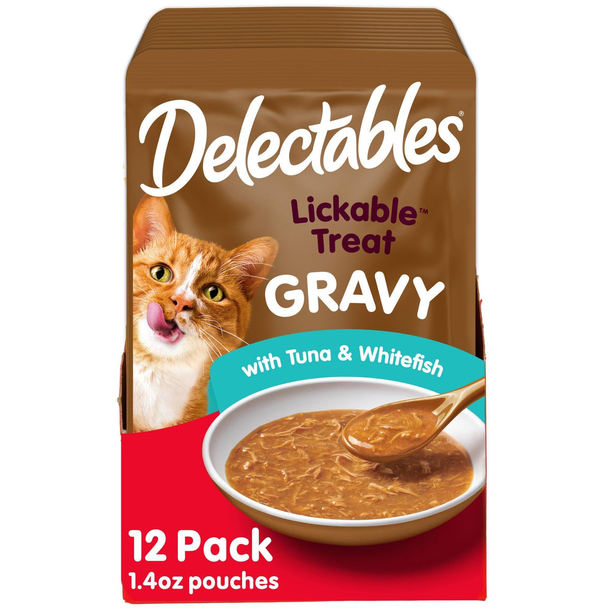 Hartz Delectables Gravy Lickable tuna and whitefish on a dish showing hydration and flavor.