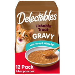 Hartz Delectables Gravy Lickable tuna and whitefish on a dish showing hydration and flavor.