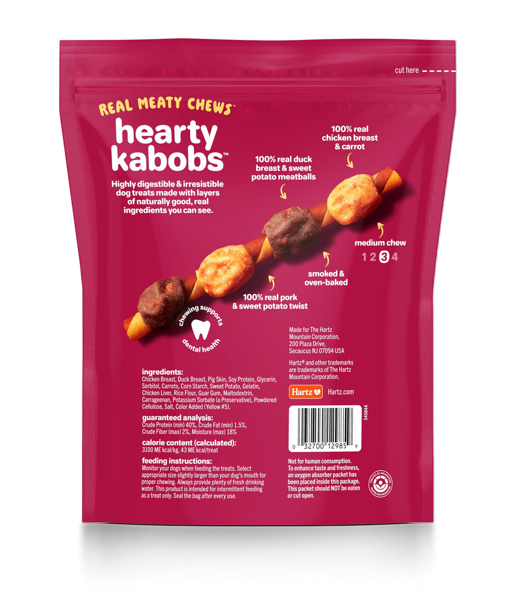 Hartz Oinkies Brochetas albóndigas de pato con batata dulce, proteína real para gusto intenso.