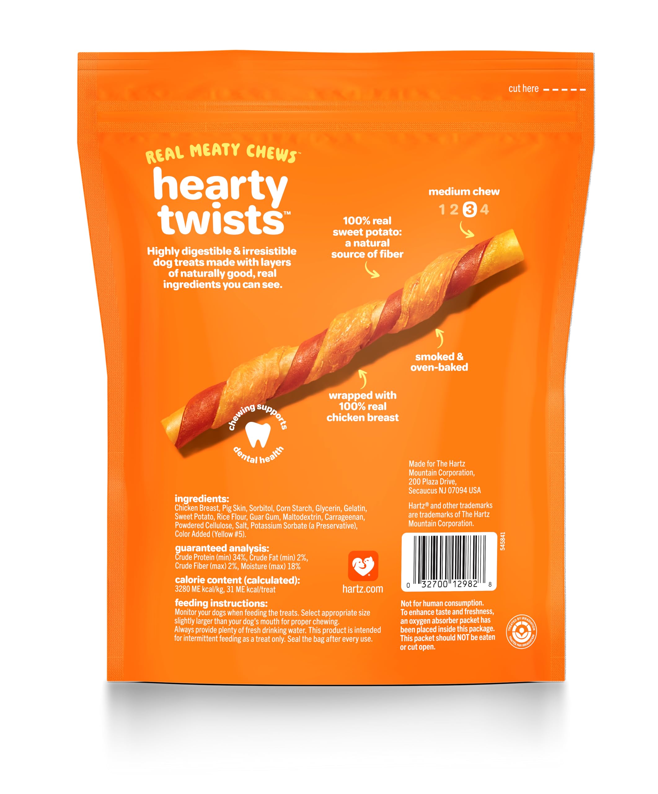 Batata dulce natural de Hartz Oinkies Hearty Twists aporta fibra suave