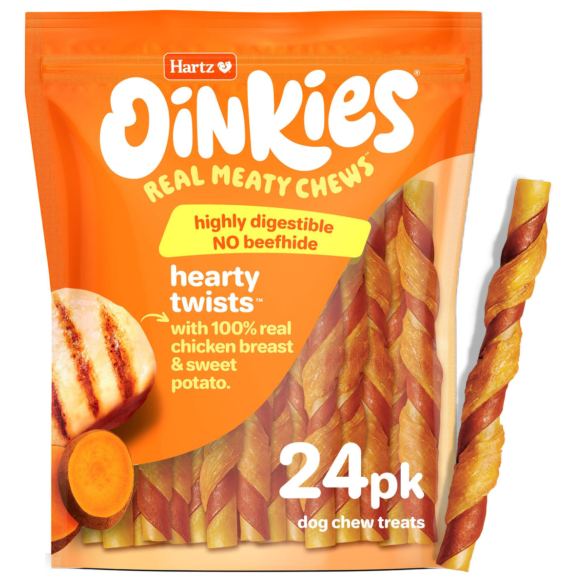 Envase de Hartz Oinkies Hearty Twists para masticar sabroso y conveniente