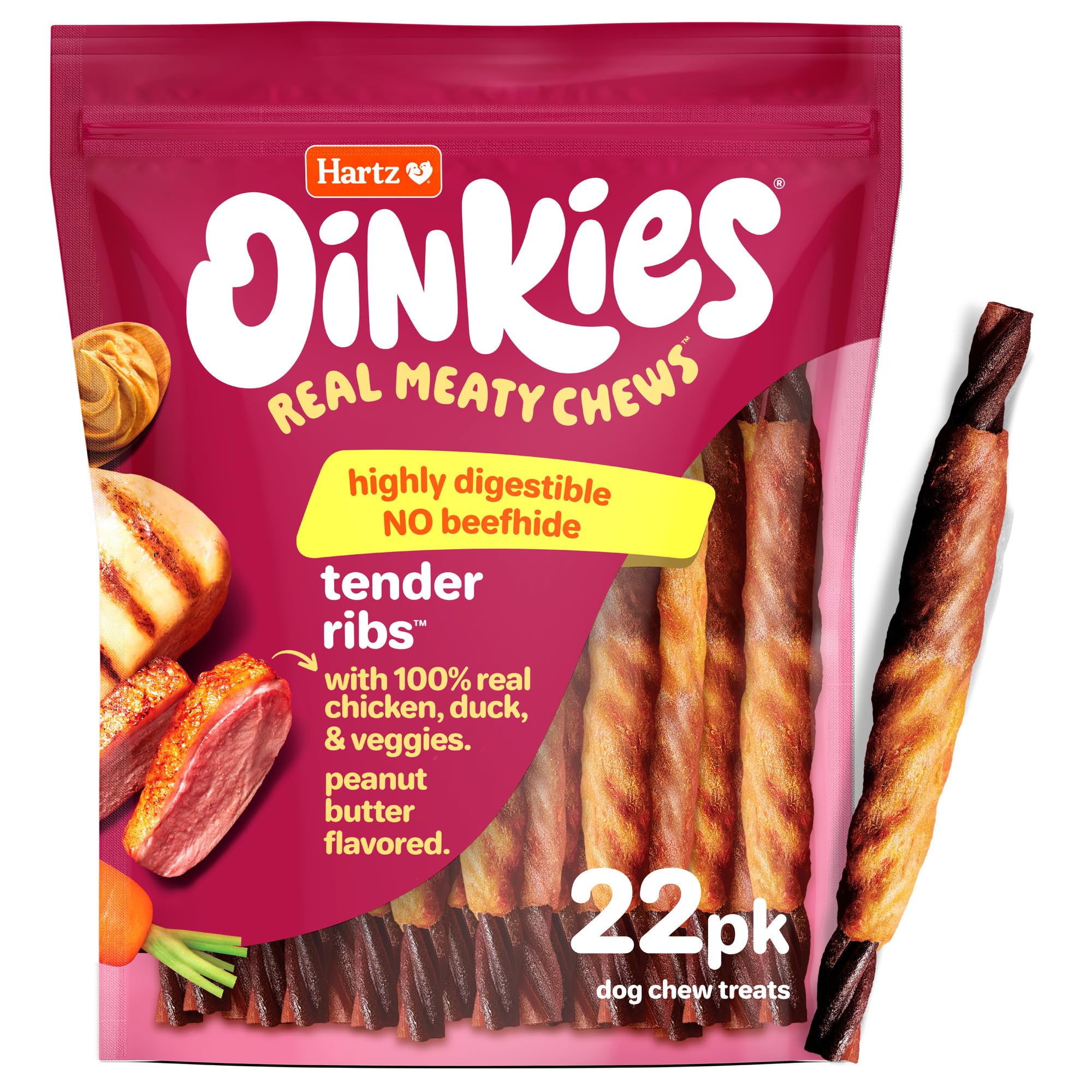 Hartz Oinkies Tender Ribs con pollo real para masticar y saborear.