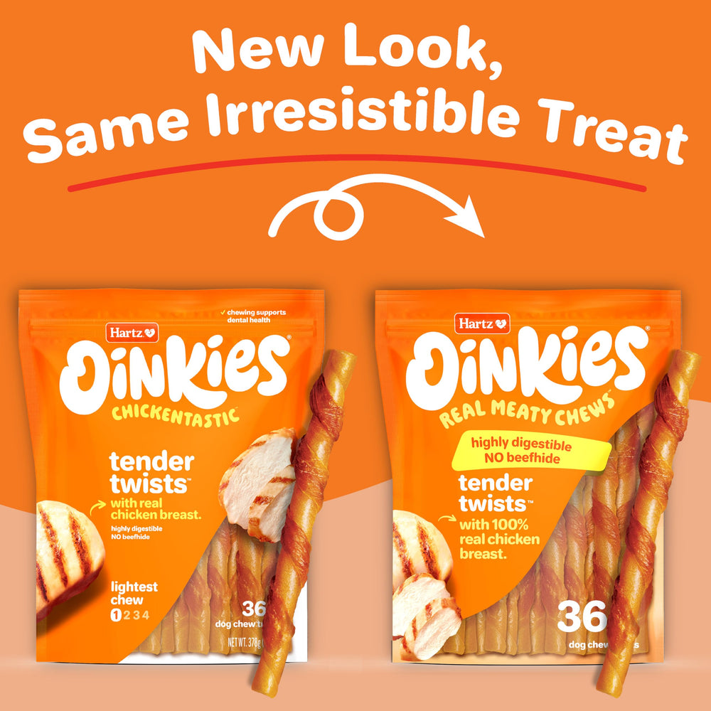 Textura masticable de Hartz Oinkies Tender Twists para masticar con satisfacción.