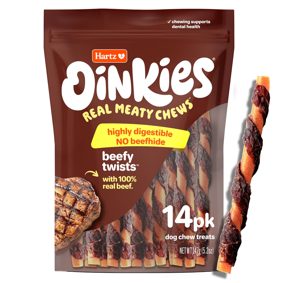 Hartz Oinkies Tiras Sabrosas de Res en empaque, snack sabroso para masticar diario.