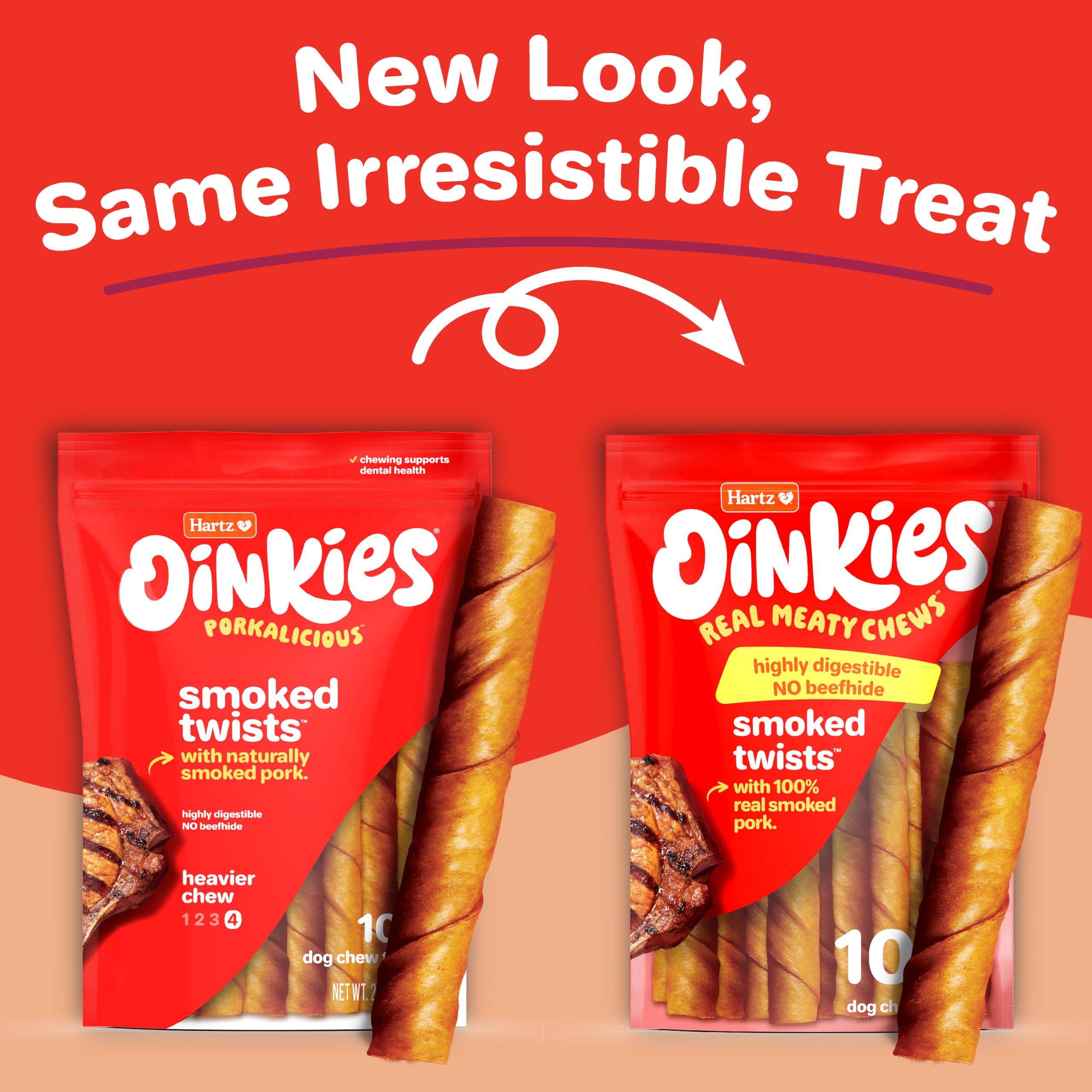 Hartz Oinkies textura enrollada, snack duradero para perros activos.