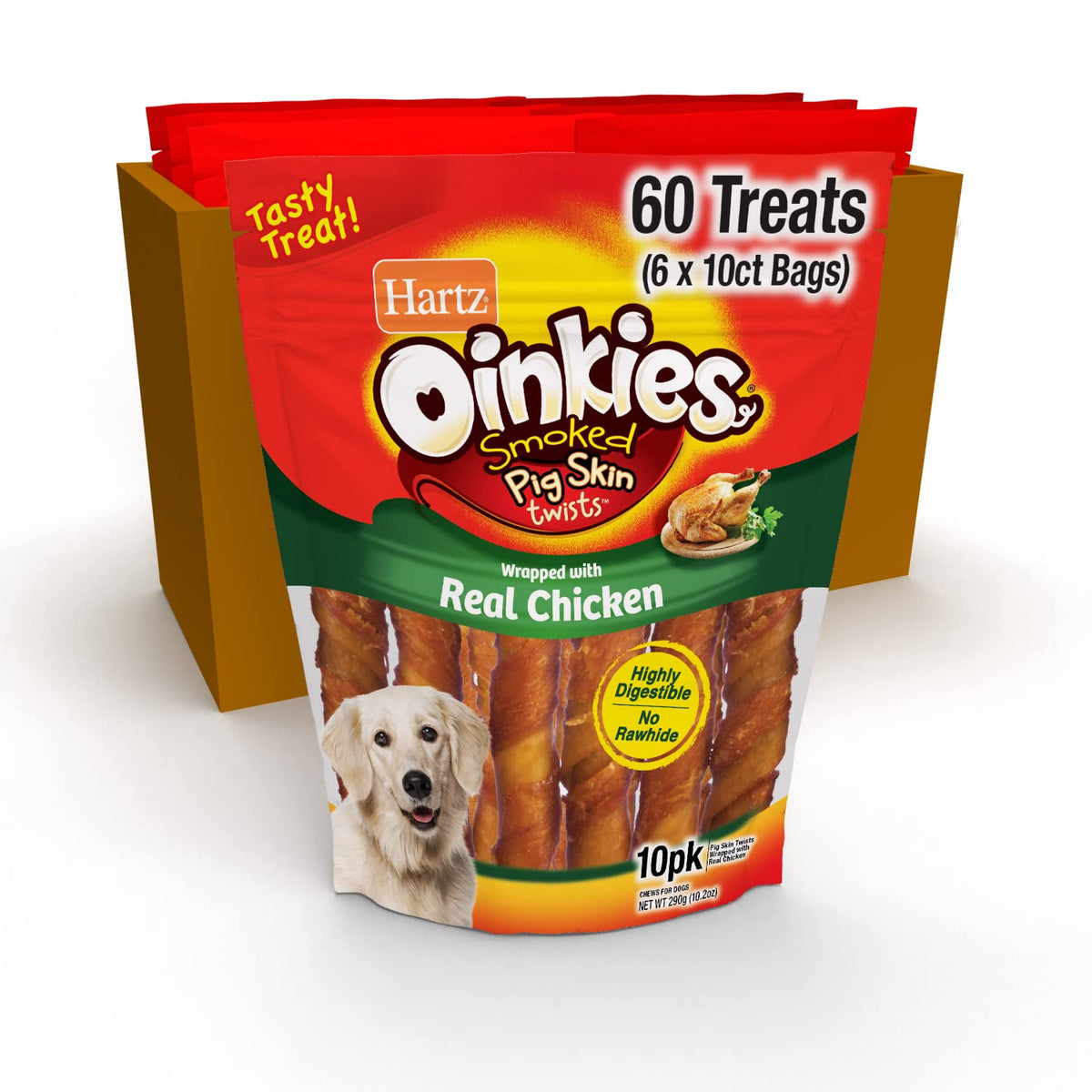 Hartz Oinkies Twists: piel de cerdo ahumada envuelta con pollo real para masticación sabrosa.