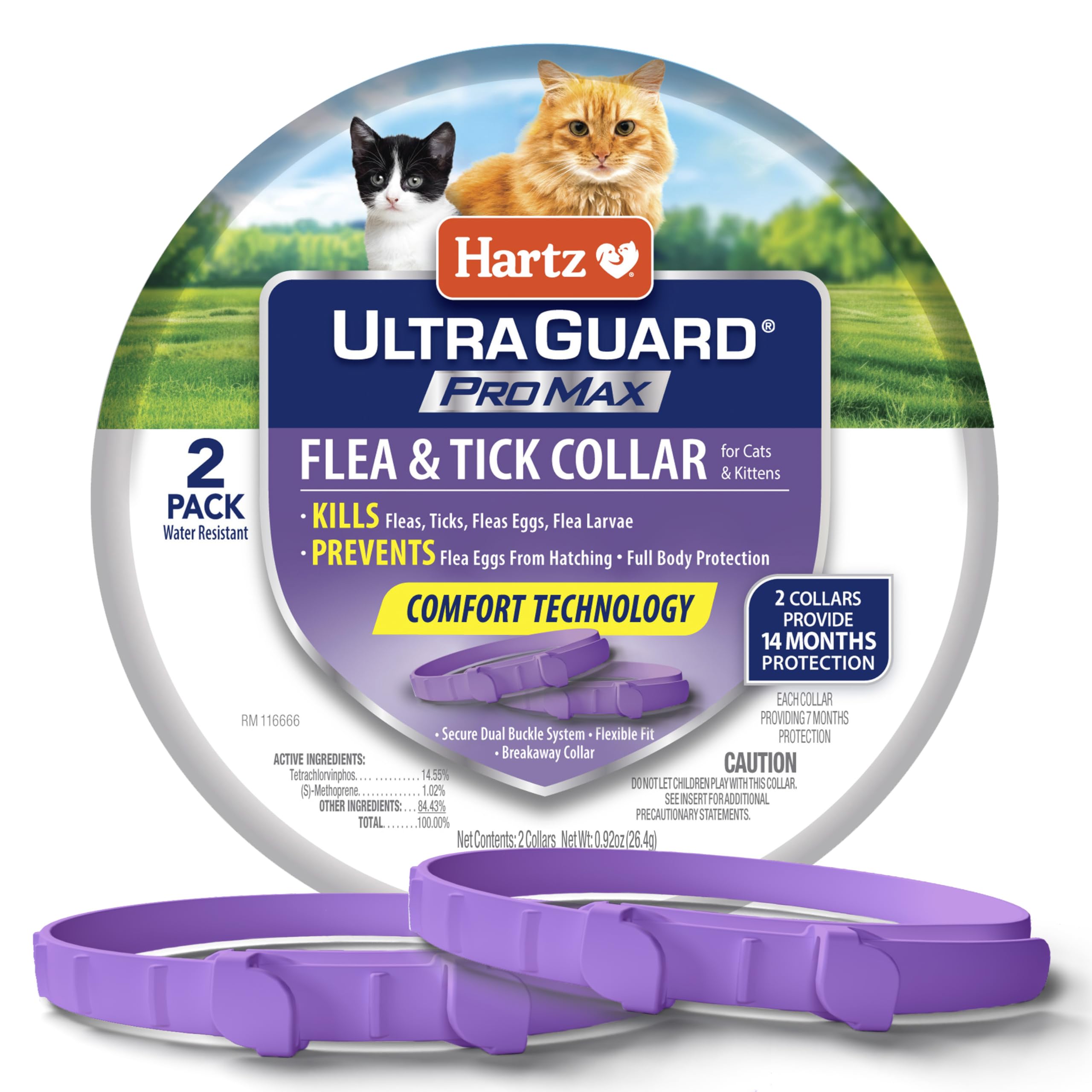 Hartz UltraGuard ProMax collar para gatos, empaque con dos collares para protección continua.
