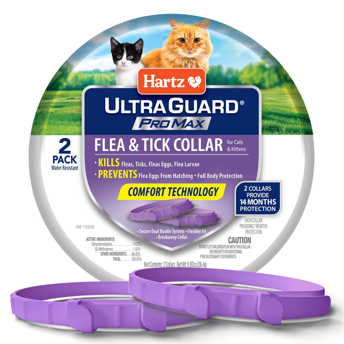 Hartz UltraGuard ProMax collar para gatos, empaque con dos collares para protección continua.