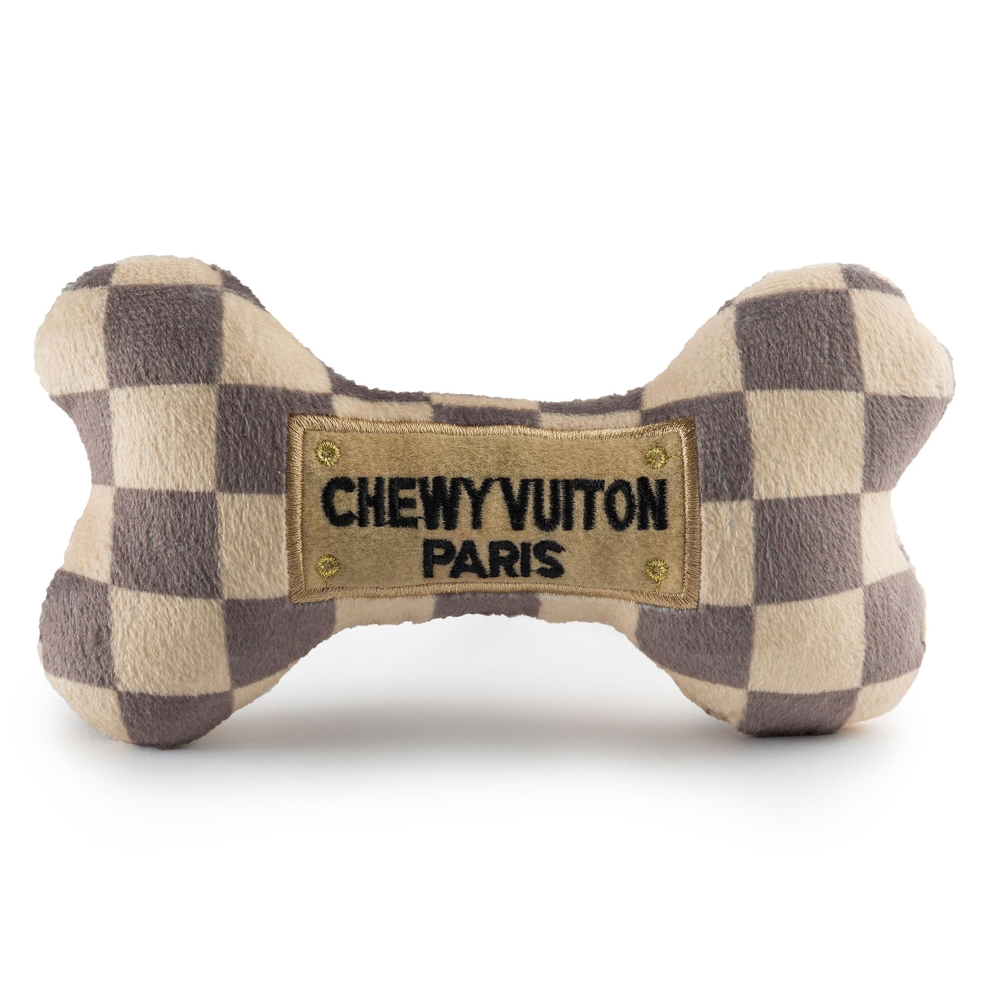 Haute Diggity Dog Checker Chewy Vuiton Hueso peluche, perfecto para juego suave y duradero.