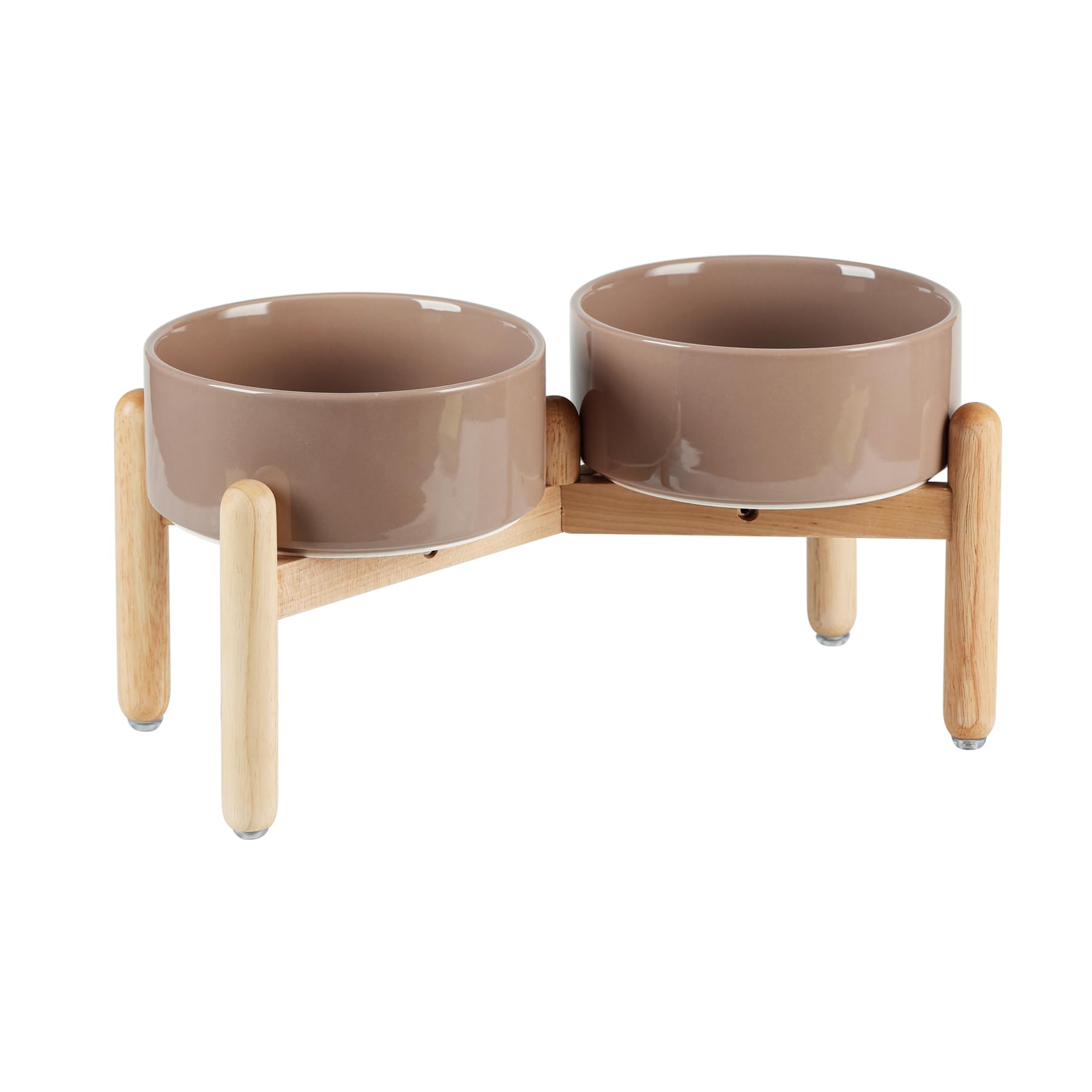 Havniva cerámica con tazones elevados y soporte de madera para perros.
