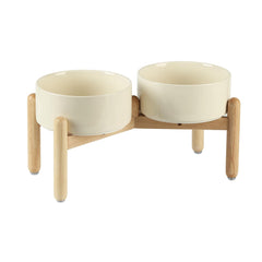 Tazones cerámicos elevados de Havniva con base de madera para alimentación ergonómica.