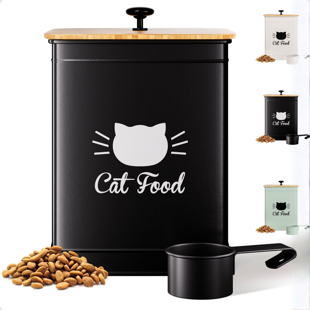 HB Design Co. Contenedor para gato con tapa de bambú mantiene croquetas frescas.