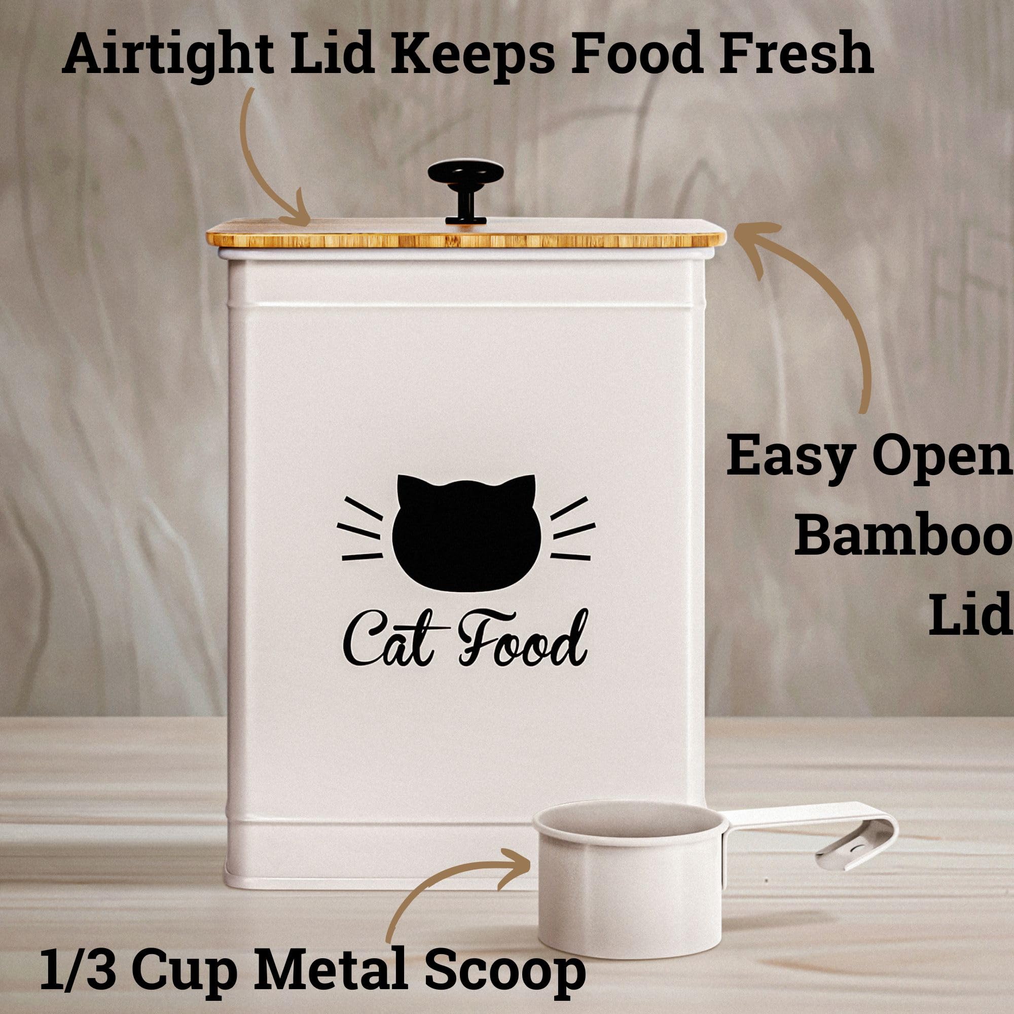 HB Design Co. Tapa hermética de bambú protege la comida seca del gato.