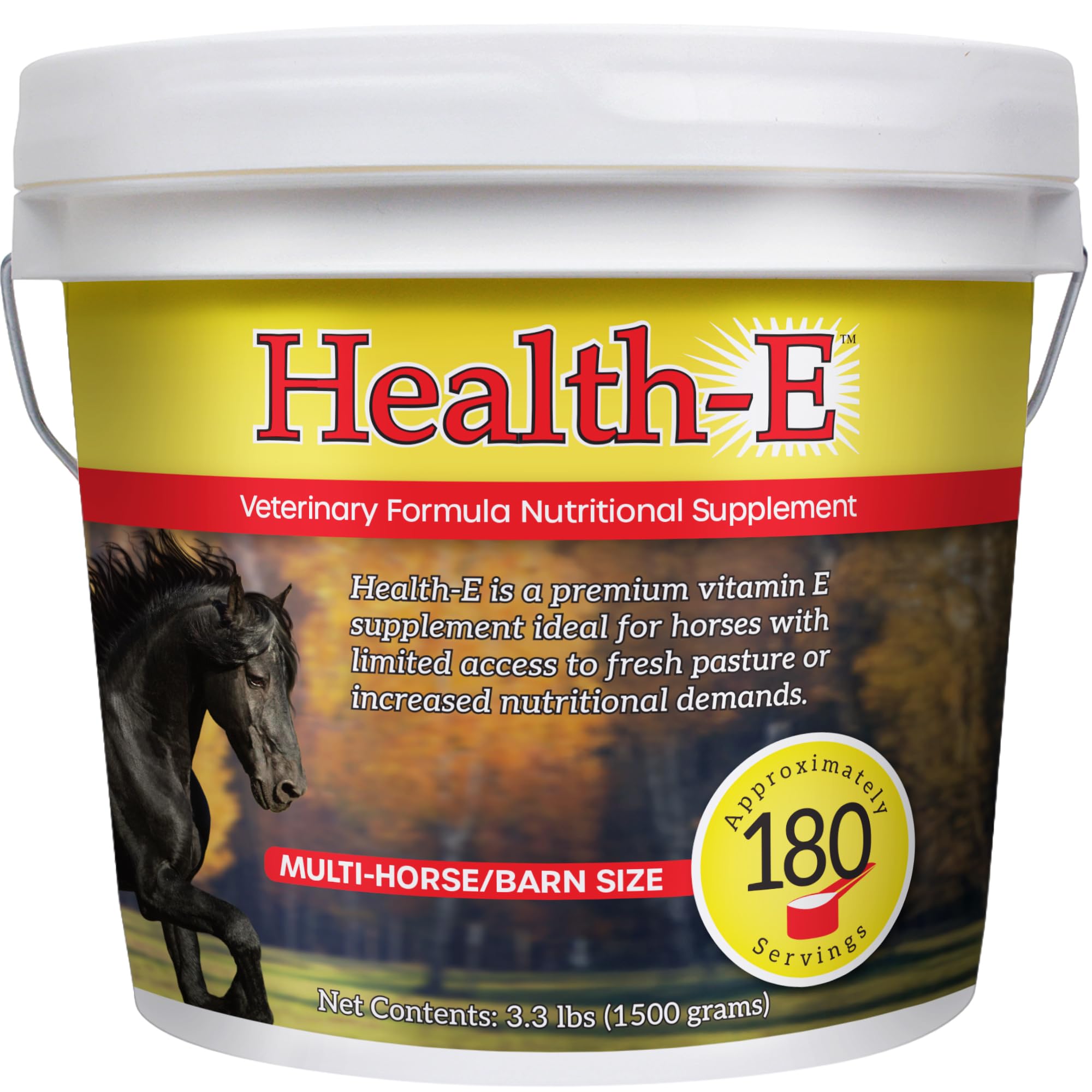 Health-E Vitamina E para caballos: botella visible y uso diario de refuerzo