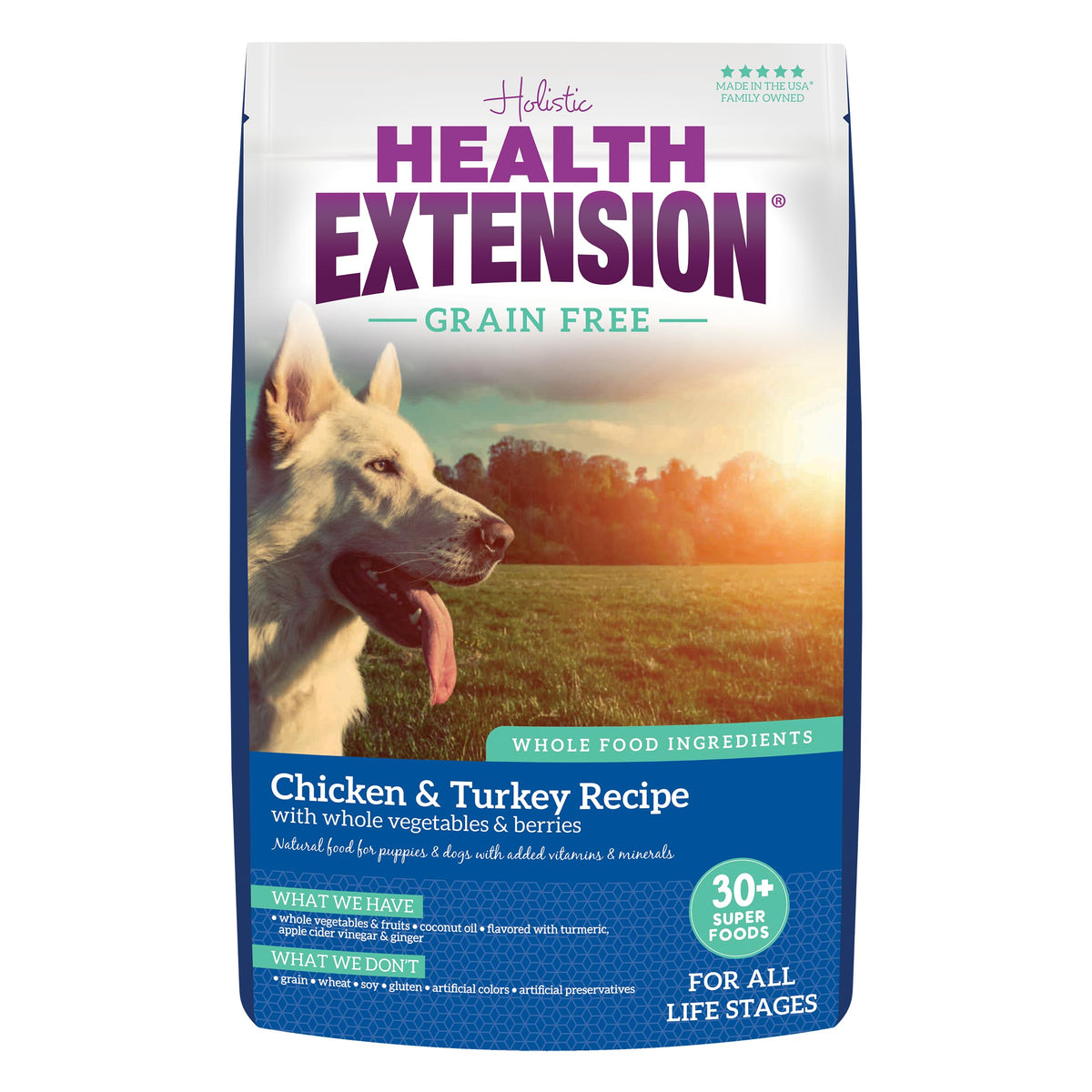 Health Extension bolsa-frente muestra proteína magra de pollo y pavo para músculos fuertes.