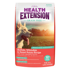 Health Extension alimento seco sin granos Buffalo y Whitefish en bolsa 4 lb, proteína de calidad.