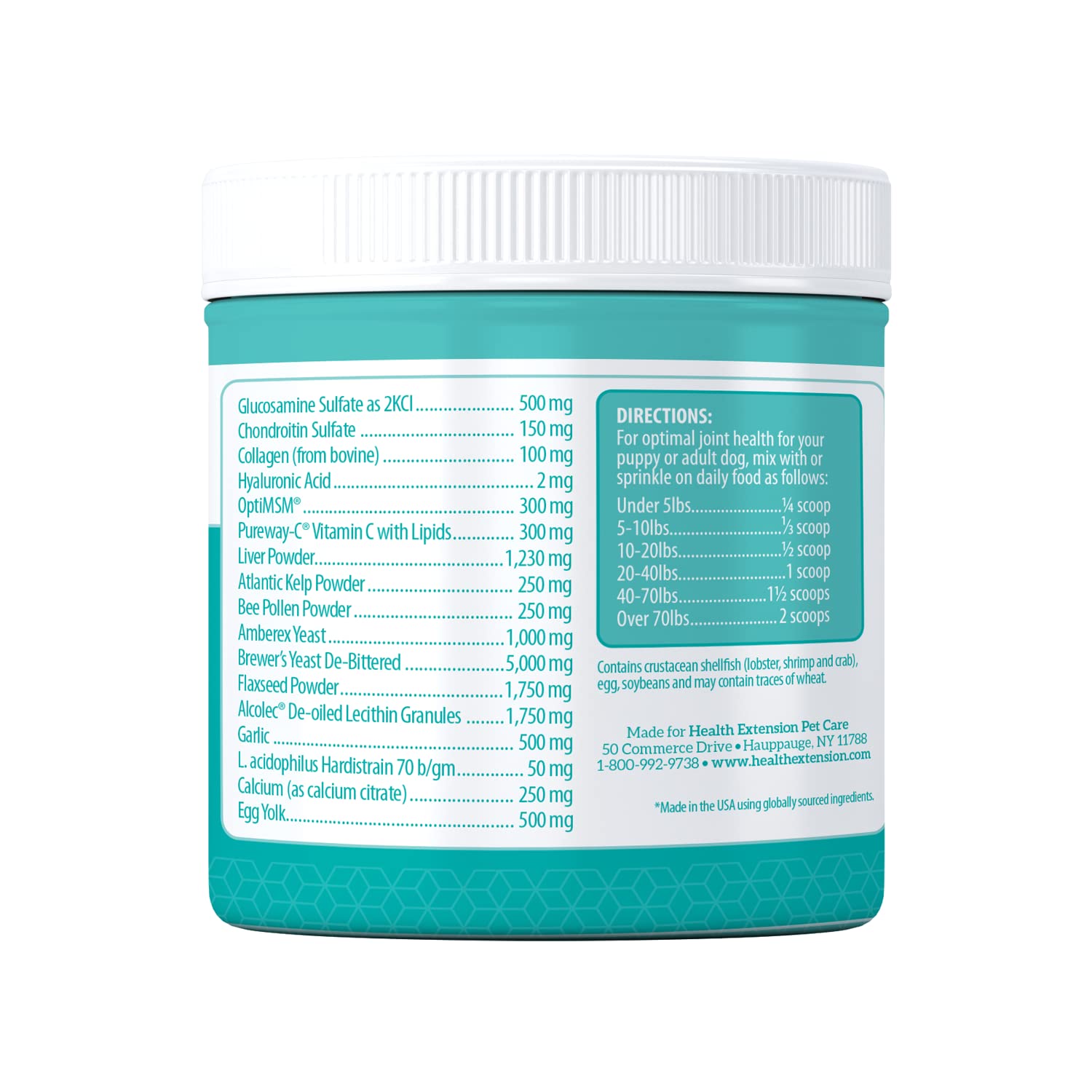 Health Extension Condroitina con Glucosamina: dosificación en cucharita para ajustar según el peso del perro.
