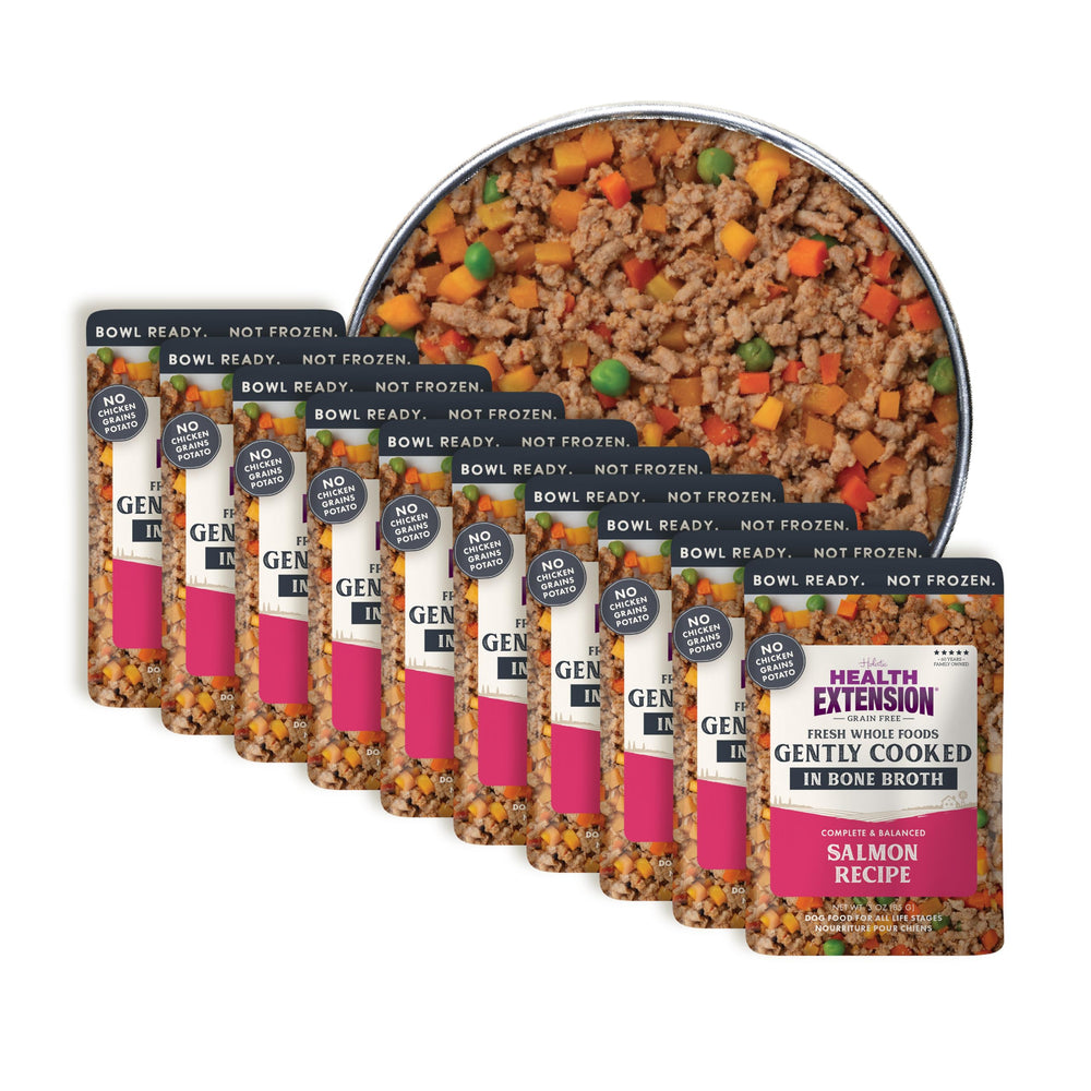 Health Extension Gently Cooked Salmon: porciones frescas listas para servir, sabor casero.