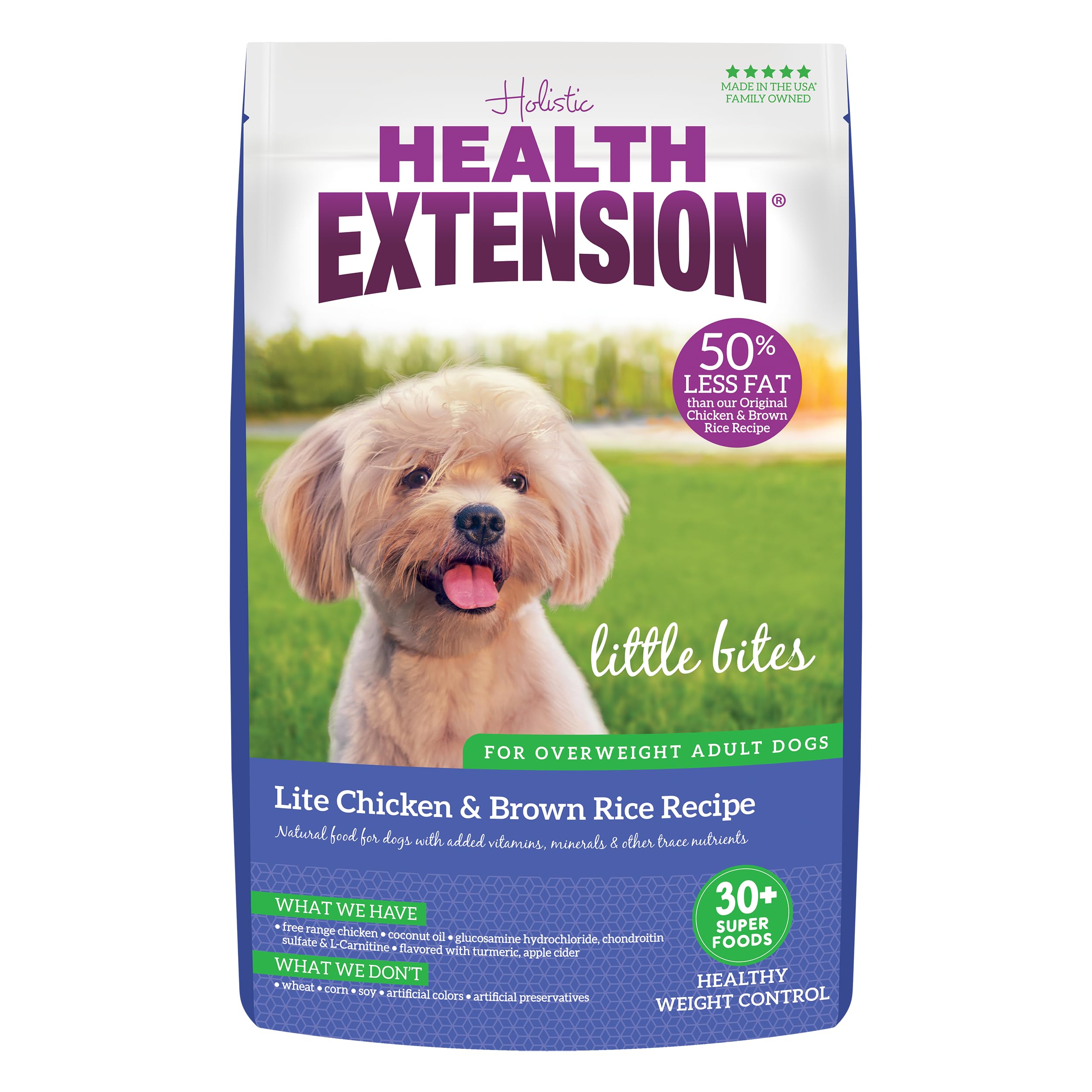 Health Extension Little Bites Lite frente de bolsa, fórmula para control de peso en razas pequeñas.