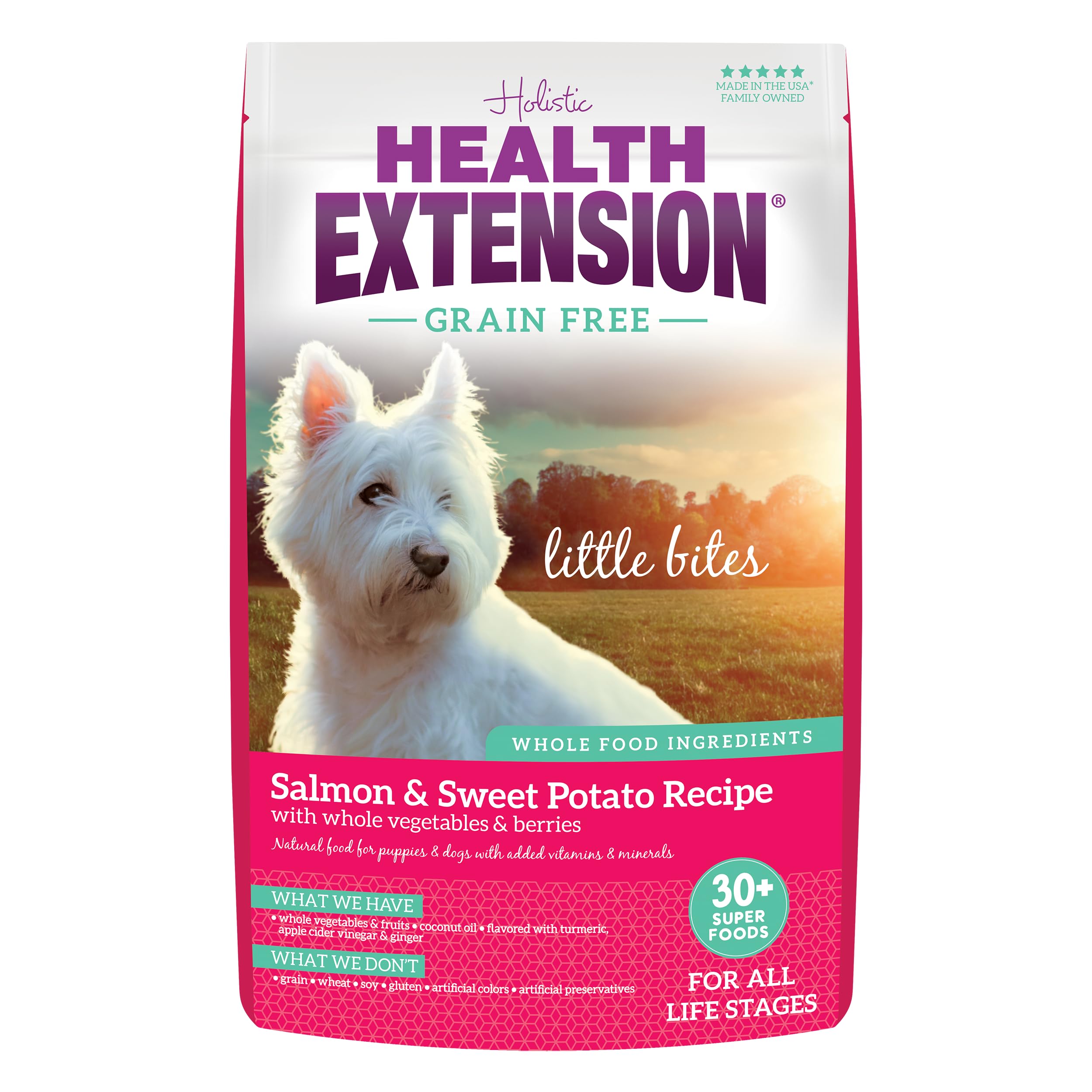 Health Extension croquetas de salmón como primer ingrediente, tamaño ideal para perros miniatura.