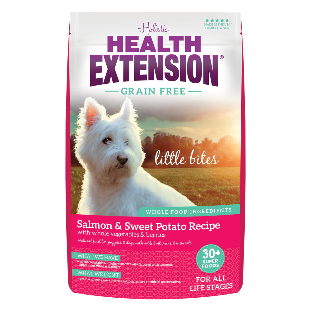 Health Extension croquetas de salmón como primer ingrediente, tamaño ideal para perros miniatura.