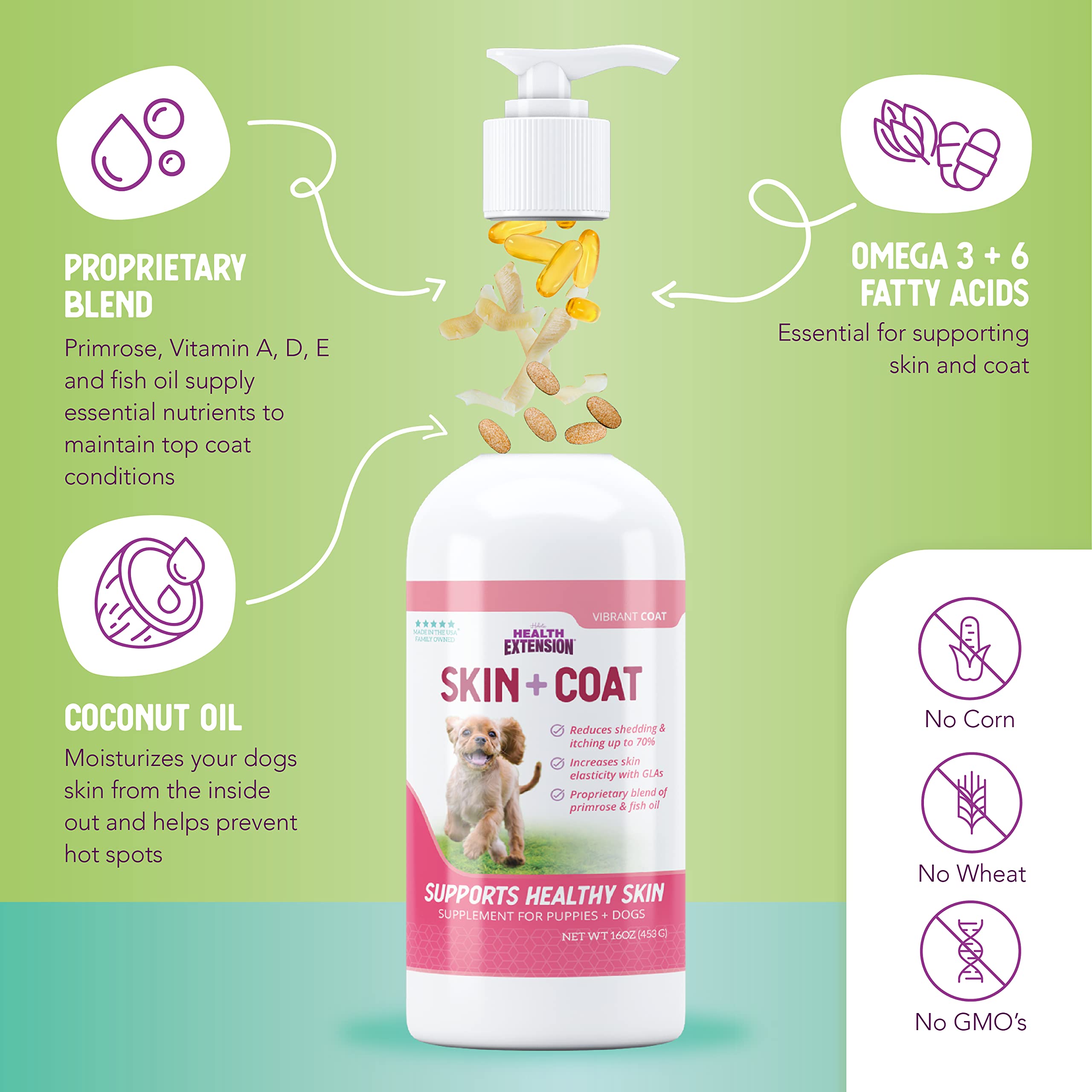 Health Extension Skin & Coat: dosis diaria fácil para cachorros y adultos.
