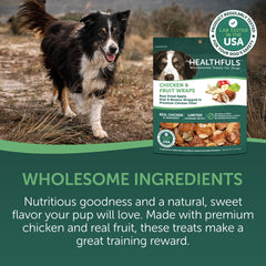 Healthfuls pollo envuelto en fruta, snack bajo en grasa para perros activos.