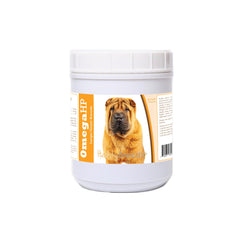 Healthy Breeds Omega HP Soft Chews, botella, suplemento para piel y pelaje de perros.