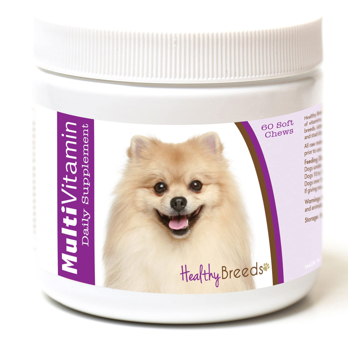 Healthy Breeds Pomerania empaque visible con masticables para nutrición diaria del perro.