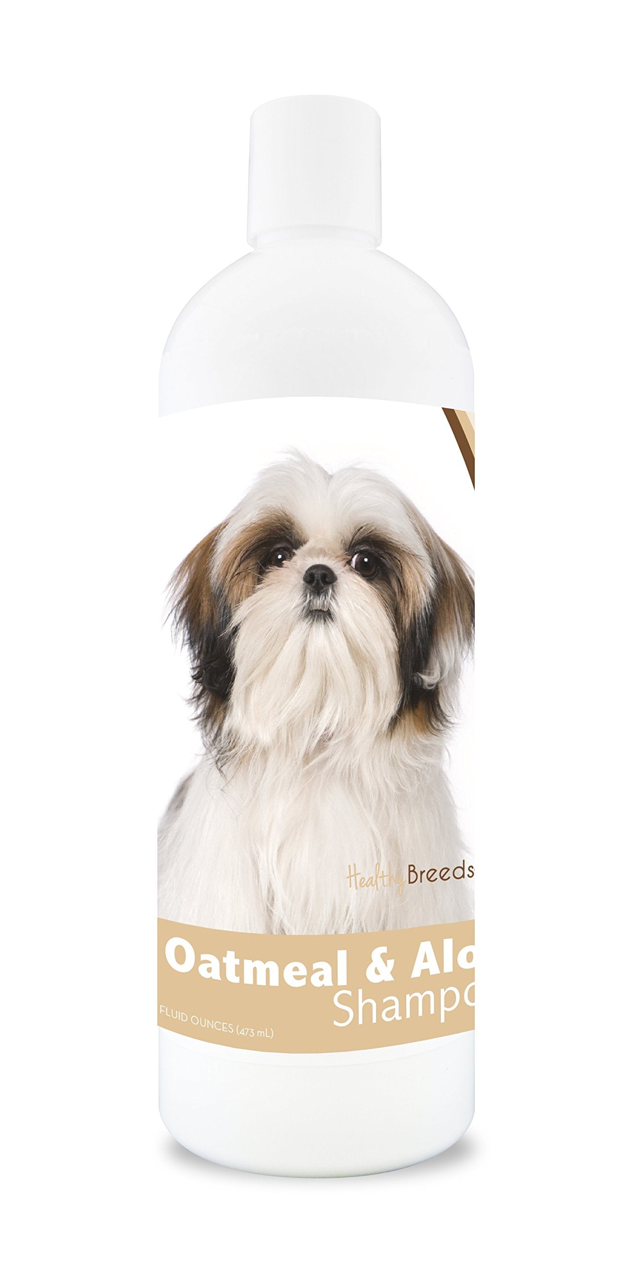 Healthy Breeds Shih Tzu Avena Aloe Shampoo, botella vertida, limpieza suave para pieles sensibles.