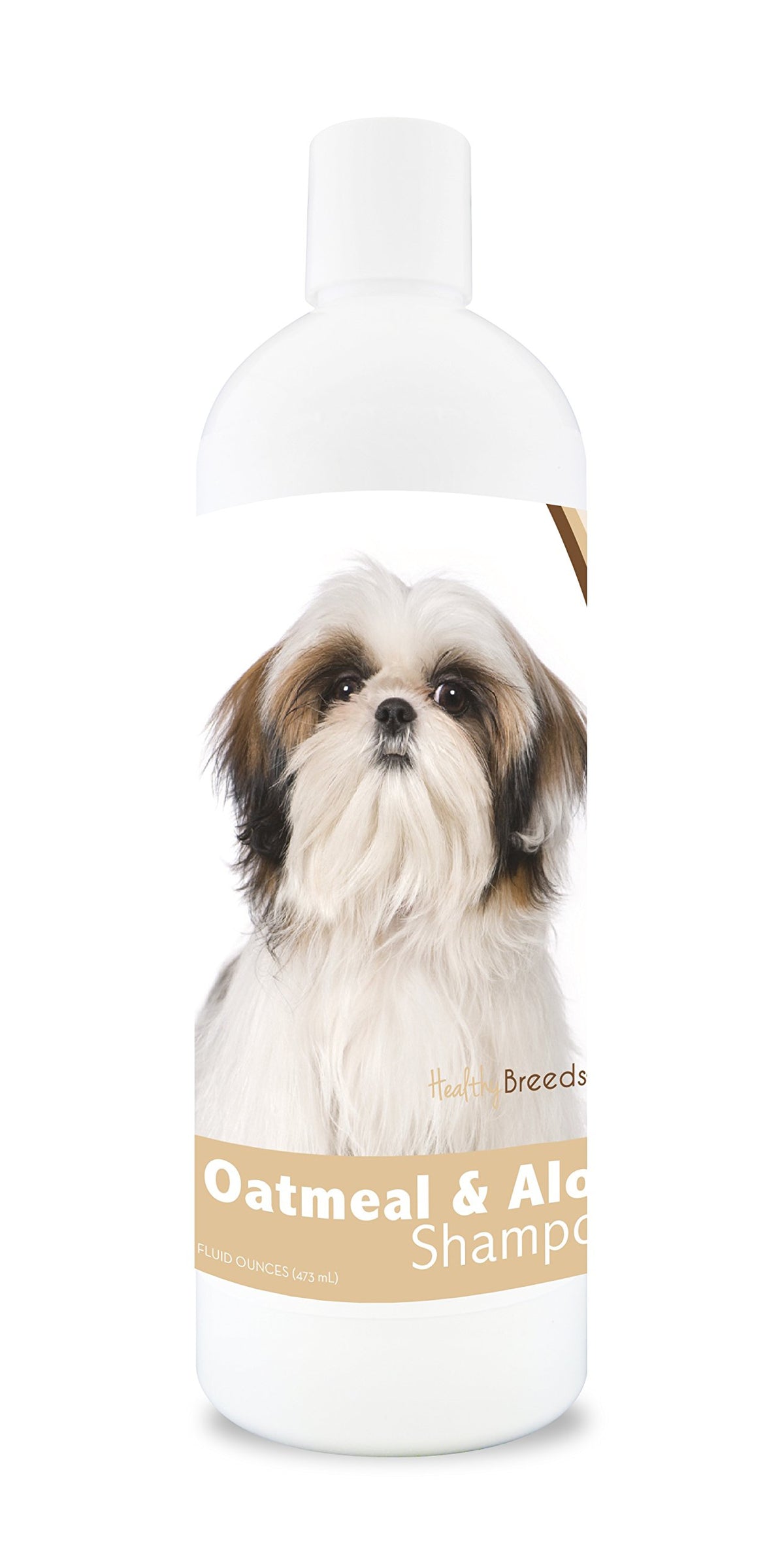 Healthy Breeds Shih Tzu Avena Aloe Shampoo, botella vertida, limpieza suave para pieles sensibles.