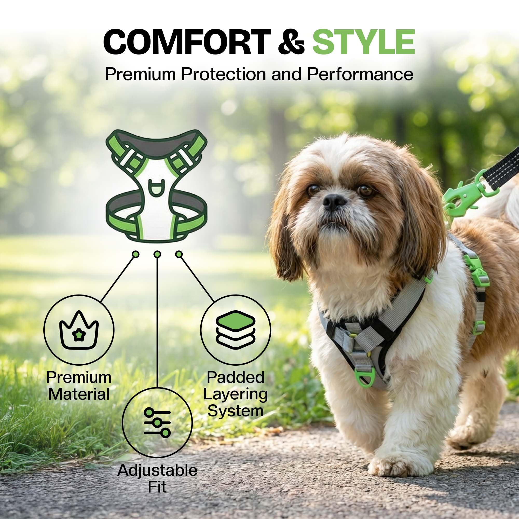 Arnés Healthy Harness acolchado suave, protección y comodidad durante caminatas.